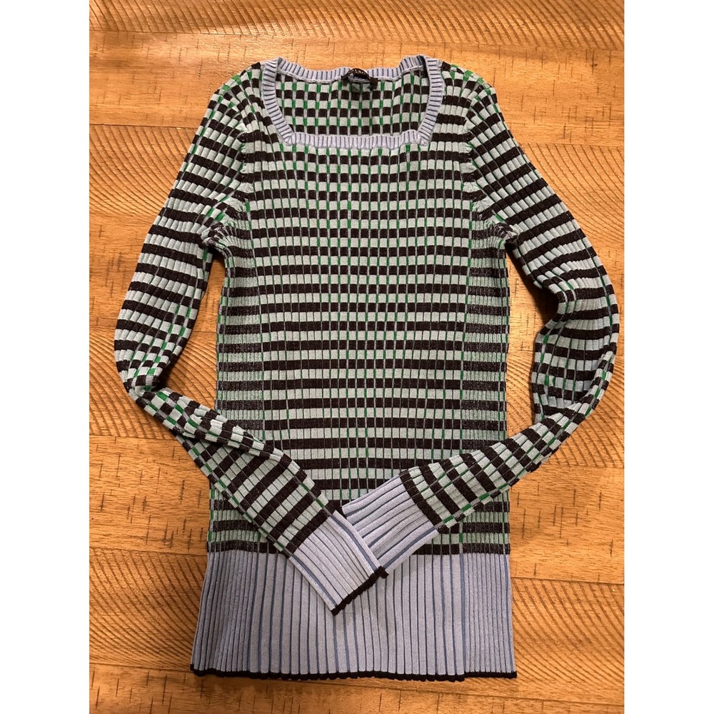 Talbots Petite SP Square Neck Ribbed Knit Sweater‎ - Blue/Green Geometric Print